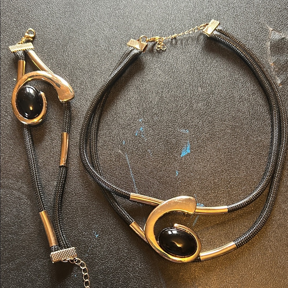 Gold and Black Statement Necklace and Bracelet Set